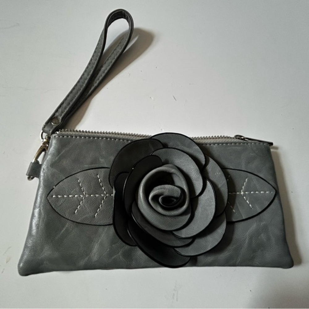 Rosette Elegant Gray Floral Clutch- zip top - never used